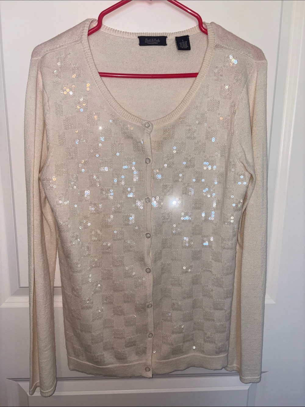 Peck & Peck Cream Sequin Button-Front Cardigan